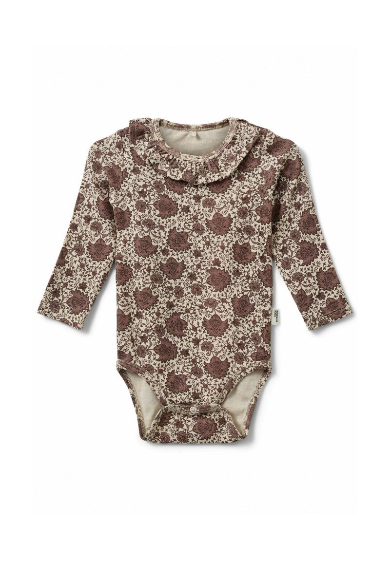 Hosszú ujjú baba body krém színben, barna virágmintával, fodros gallérral és patentos záródással az egyszerű öltözködés érdekében.