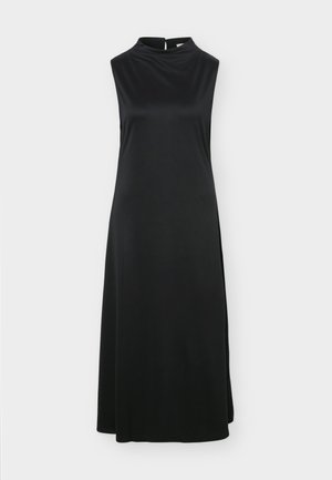 Sleeveless black midi dress with high neckline and side slit, made from smooth, flowing fabric.
