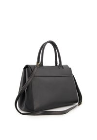 Sac à main en cuir noir avec double poignée supérieure et bandoulière amovible ; présente un design structuré et une finition texturée subtile.