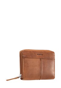 Brown leather wallet with a zipper closure, featuring card slots on the front and a smooth texture. Simple, rectangular design.