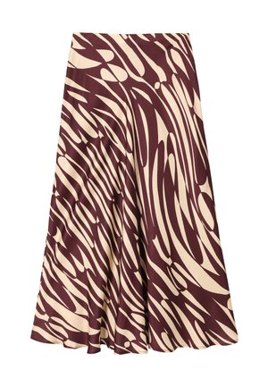 Una gonna fluida con un motivo astratto color bordeaux e crema. Ha una consistenza liscia, una forma a A e una vita adatta per un comfort ottimale.