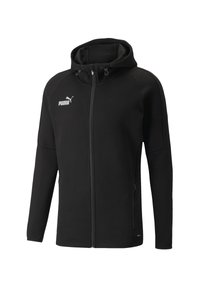 Schwarze Kapuzenjacke aus strukturiertem Stoff, mit durchgehendem Reißverschluss, Seitentaschen und einem weißen Logo auf der Brust.