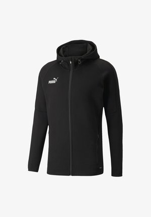 Schwarze Kapuzenjacke aus strukturiertem Stoff, mit durchgehendem Reißverschluss, Seitentaschen und einem weißen Logo auf der Brust.