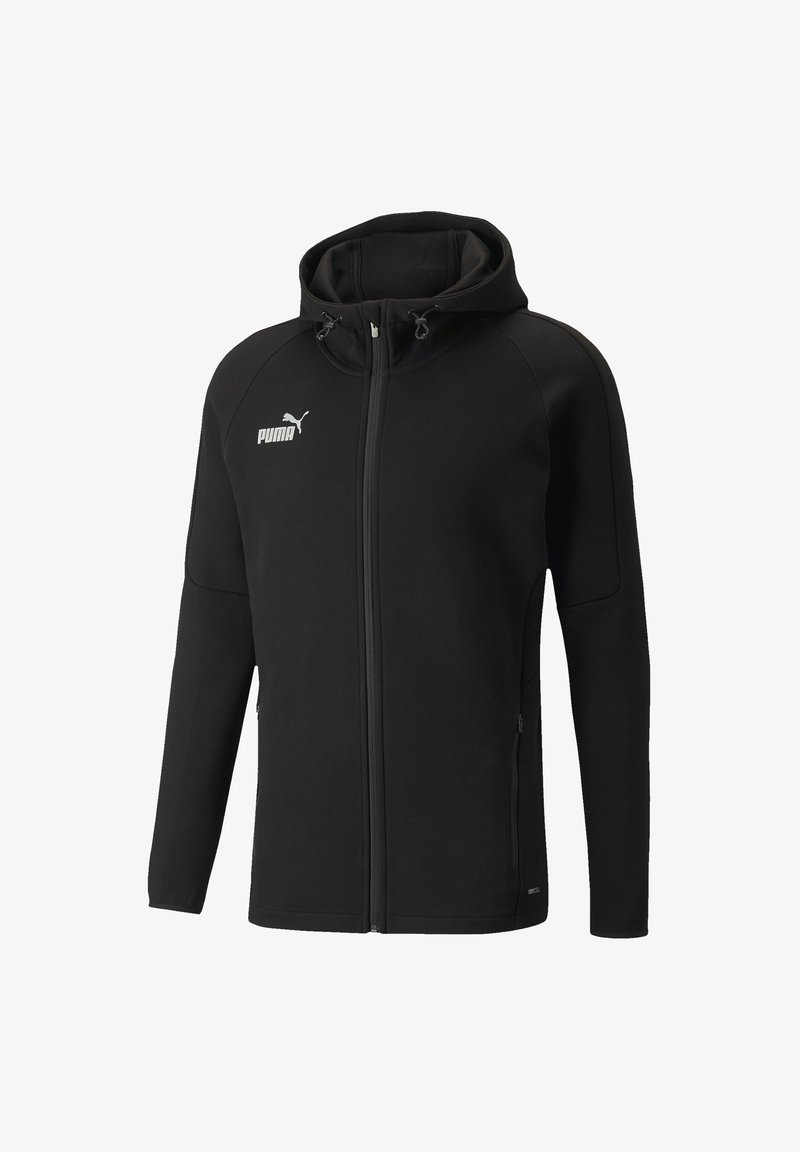 Giacca nera con cappuccio realizzata in tessuto testurizzato, con zip completa, tasche laterali e un logo bianco sul petto.