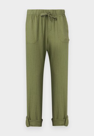 Olivno zelene priložnostne hlače z elastičnim pasom, vrvico za zategovanje, sprednjimi žepi in zavihanimi robovi, prikazane na enobarvnem ozadju.
