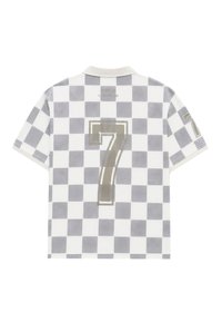 Polo à manches courtes avec motif damier blanc et gris, grand numéro 7 dans le dos et sur la manche, et inscription "Champion du Monde" dans le haut du dos.