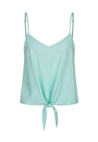 Top tank con scollo a V color verde menta, con sottili spalline regolabili e dettaglio con nodo frontale. Tessuto morbido con una vestibilità rilassata.