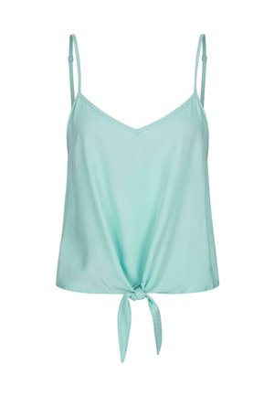 Miętowozielony, top na ramiączkach w kształcie litery V z cienkimi regulowanymi ramiączkami oraz detalem w formie węzła na przodzie. Gładki materiał o luźnym kroju.