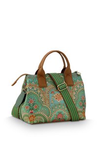 Patterned handbag with teal, brown, and green fabric, leather handles, and a striped adjustable strap. Features floral and paisley designs.