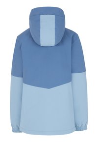 Giacca blu con color-block, dotata di cappuccio, polsini elasticizzati e tessuto morbido. La parte superiore è di un blu più scuro, mentre la parte inferiore è di un blu più chiaro.