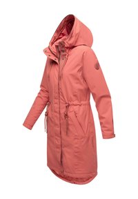 Water-resistant pink coat with drawstring waist, hood, zippered front, and side pockets. Features a smooth texture and adjustable hood.