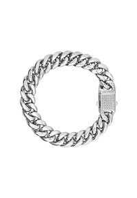 Silberne Kettenarmband mit dicken Gliedern, polierter Oberfläche und einem Verschluss, der mit einem Muster aus kleinen, eingearbeiteten Steinen für dekorative Details versehen ist.