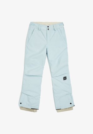 Svetlo modri snežni hlače z gladko teksturo, nastavljivim pasom, dvema sprednjima žepoma in elastičnimi manšeti. Črna logotipna nalepka na zadnji strani.