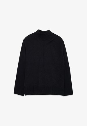 Mustast pikkade varrukatega kootud kampsun, millel on soonikkoes kõrge kaelus, mansetid ja sini, esiküljel keskne õmbluse detail.