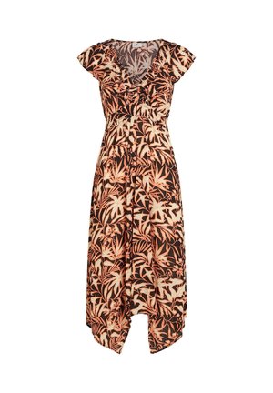 Robe noire avec un motif floral orange et blanc, manches courtes à volants, taille froncée et ourlet asymétrique. Tissu léger.