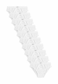 Pakke med hvide bomuldsunderbukser med elastisk talje, der har et logo-mærke på forsiden, arrangeret i en stabel.