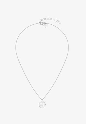 Sølv halskæde med et kædedesign og en rund vedhæng med et træmotiv, der fremhæver detaljer fra blade og grene.