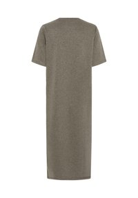 Olivza zaļa kokvilnas kleita, īsas piedurknes, taisnas griezuma, līdz ceļiem, augsta apkakle, gluda tekstūra, nav redzamu rakstu vai aksesuāru.