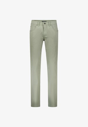 Light green slim-fit men's trousers with front button, zip closure, belt loops, and two front pockets.