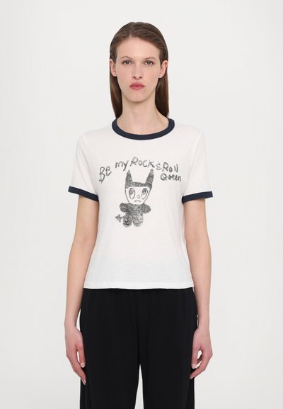 White cotton t-shirt with navy ringer neckline. Features a black graphic print of a cartoon character and the text "Be my Rock & Roll Queen."