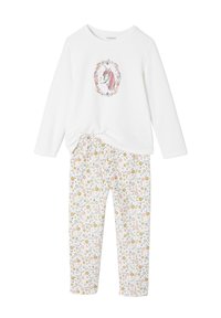 White long-sleeve top with unicorn print and floral leggings featuring colorful flowers on a white background. Soft cotton material.