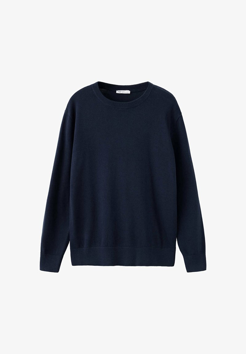 Pull bleu marine à manches longues et col rond, avec poignets et ourlet côtelés, présenté sur fond blanc.