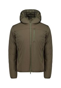 Olijfgroene, gevoerde jas met capuchon, rits aan de voorkant, twee zijzakken en één borstzak; met een gladde stof en gewatteerd interieur.