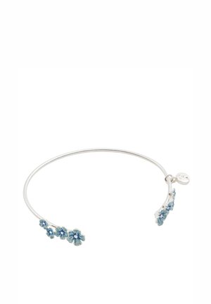 Silver bracelet featuring small, blue floral accents. The design has a smooth, flexible shape with delicate detailing on flowers.