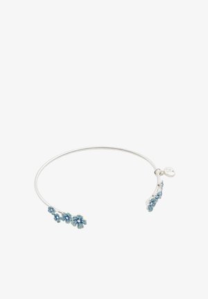 Silver bracelet featuring small, blue floral accents. The design has a smooth, flexible shape with delicate detailing on flowers.