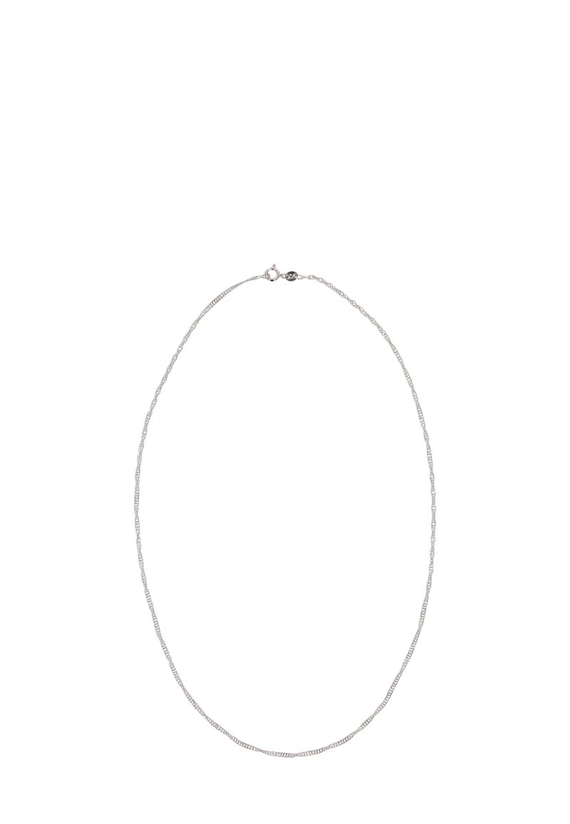 Silberne Halskette mit einer zarten Kette mit gewellter Textur, die hinten mit einem Federverschluss gesichert ist.