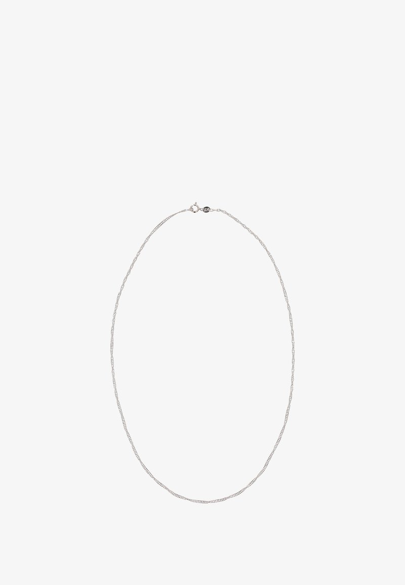 Silberne Halskette mit einer zarten Kette mit gewellter Textur, die hinten mit einem Federverschluss gesichert ist.