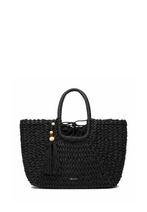 Schwarze gewebte Tragetasche mit abgerundeten Griffen, einem inneren Stoffbeutel mit Kordelzug und einer dekorativen Quaste mit Holzperlen auf der linken Seite.