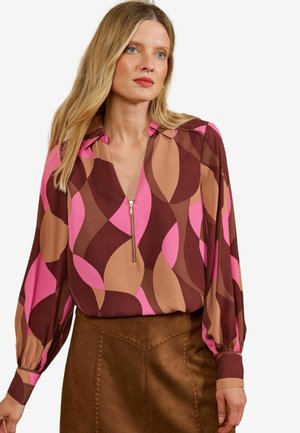 Love & Roses, LONG SLEEVE ZIP FRONT BLOUSE - Blouse - pink geo print