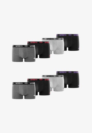 Ensembles de quatre boxers pour hommes en gris, noir avec rouge, gris clair avec noir, et noir avec ceintures violettes estampillées « umbro », présentés de face.