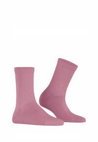 Pink ribbed socks, ankle length, with a smooth texture and contoured fit. Rounded toe and reinforced cuff for durability.