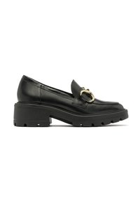 Mustad nahast loafers, millel on jämeda mustriga tallad, kaunistatud kuldse metallaktsendiga peal. Sile tekstuur ja klassikaline disain.