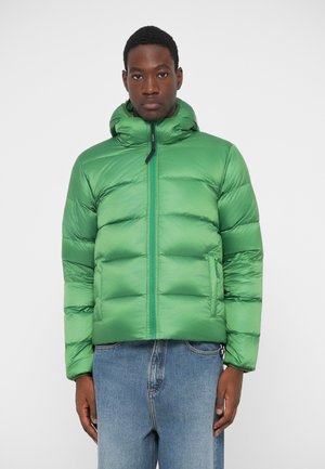 Green puffer jacket with a hood, featuring a smooth, glossy texture, front zipper, and side pockets. Worn over blue jeans.