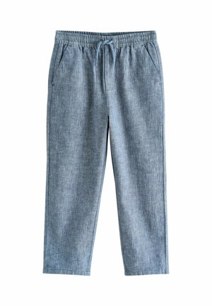 Lichtblauwe casual broek met elastische tailleband en trekkoord, twee zijzakken, rechte pijpen, plat liggend op een witte achtergrond.