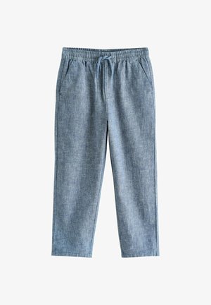 Világoskék, hétköznapi nadrágok elasztikus derékrésszel és húzózsinórral, két oldalzsebbel, egyenes szárakkal, fehér háttéren laposan elhelyezve.