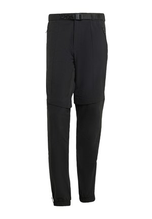 Zwarte outdoorbroek met een gestructureerde stof, voorzien van een verstelbare riem, ritszakken aan de zijkant en elastische boorden bij de enkels.