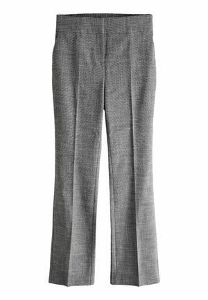 Graue Hose aus einem strukturierten Stoff mit geradem Bein, flachem Vorderteil und ohne sichtbare Taschen.