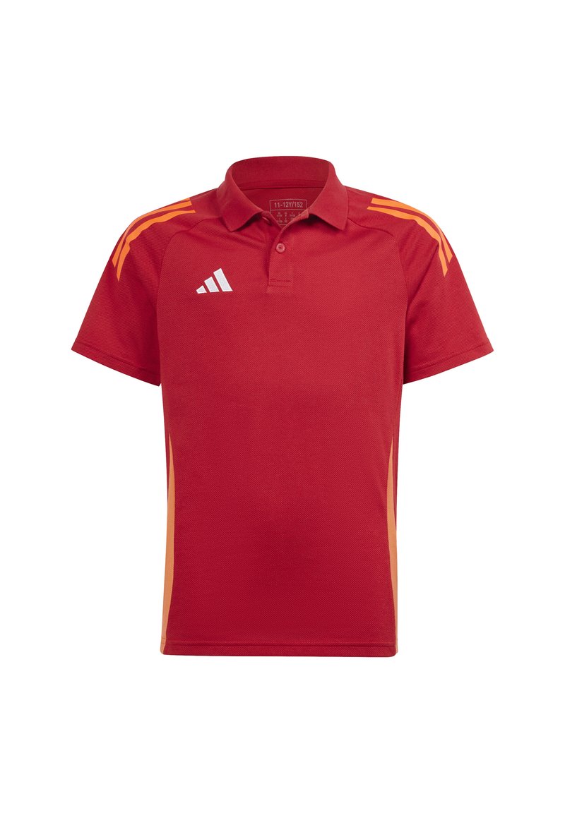 Rode polo shirt met een kraag, voorzien van oranje accenten op de schouders en een wit Adidas-logo op de borst. Gestructureerde stof.