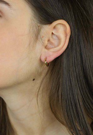 Złoty skręcony kolczyk kołowy widoczny na płatku ucha, o gładkiej, błyszczącej powierzchni; noszony przez modelkę z prostymi włosami i minimalnymi detalami skóry.
