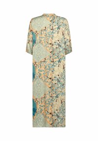 Kevyt, kuviollinen kaftaani kermanvärinen, jossa sinivihreitä ja ruskeita yksityiskohtia. Siinä on väljä istuvuus ja lyhyet hihat, geometrinen kuviointi.