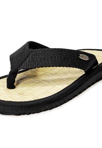 Black flip-flop featuring textured fabric straps, a woven-style footbed in natural color, and a durable black rubber sole.