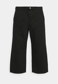 Pantaloni neri a gamba larga in cotone, con un classico design a cinque tasche, chiusura con bottone e orlo cucito.