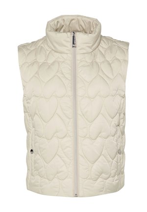 Gepolsterte Weste in Creme mit herzförmigem Muster, hohem Kragen und vorderem Reißverschluss. Verfügt über seitliche Druckknöpfe zum Verschließen.