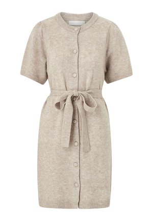 Strikket cardigan kjole i lys beige, med korte ærmer, rund halsudskæring, foran knapper og bindebånd i taljen til justering.