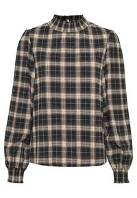 Black and beige plaid blouse with a high, ruffled neckline, long puffed sleeves, and elasticized cuffs. Soft fabric with a checkered pattern.