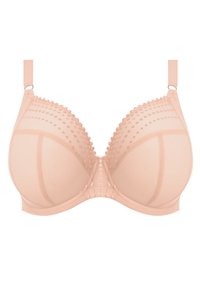 Nude-färgad bh med genomskinliga sektioner och texturerade prickmönster på kuporna, med justerbara axelband och släta kanter. Ingen bygel.